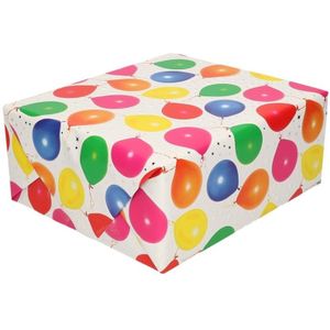 Set van 4x stuks gemetaliseerd inpakpapier/cadeaupapier wit met zilveren sterren en gekleurde ballonnen 150 cm - Cadeaupapier