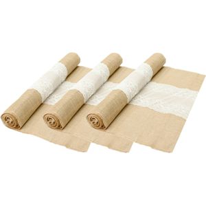 Jute tafelloper - 3x - met wit kant - 60 x 300 cm - extra breed - Feesttafelkleden