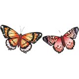 Wanddecoratie vlinders - 2x - oranje/rood - 34 x 21 cm/45 x 28 - metaal - muurdecoratie/schutting - Tuinbeelden
