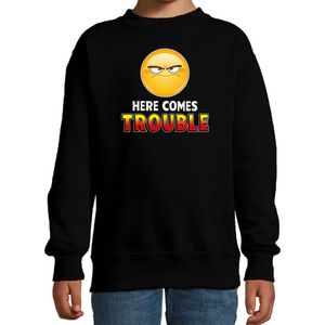 Funny emoticon sweater Here comes trouble zwart kids - Feesttruien