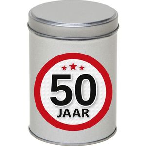 Metalen zilver rond blikje cadeauverpakking 13 cm met 50 jaar sticker - Cadeaudoosjes