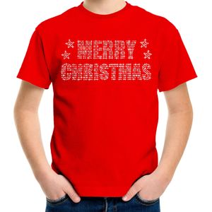 Glitter kerst t-shirt rood Merry Christmas glitter steentjes voor kinderen - Glitter kerst shirt - kerst t-shirts