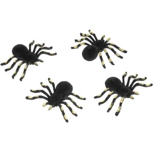Nep spinnen 10 cm - zwart/goud - 4x stuks - velvet/fluweel - Horror/griezel thema decoratie - Feestdecoratievoorwerp