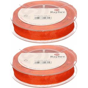 2x Hobby/decoratie oranje organza sierlinten 1,5 cm/15 mm x 10 meter - Cadeaulinten