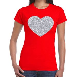 Zilveren hart glitter t-shirt rood dames - Feestshirts