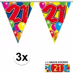 3 x Leeftijd slinger 21 jaar met sticker - Vlaggenlijnen