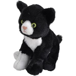 Pluche knuffel kat/poes zwart met wit van 13 cm - Knuffel huisdieren