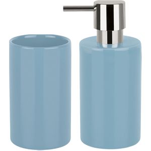 Spirella Badkamer accessoires set - zeeppompje/beker - porselein - lichtblauw - Luxe uitstraling