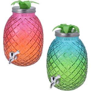 Set van 2x stuks glazen drank dispensers ananas roze/oranje en blauw/groen 4,7 liter - Drankdispensers
