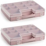 2x stuks opbergkoffertje/opbergdoos/sorteerboxen 13-vaks kunststof oud roze 27 x 20 x 3 cm - Opbergbox