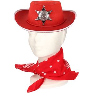 Verkleedset cowboyhoed Sheriff - rood - met rode hals zakdoek - voor kinderen - Verkleedhoofddeksels