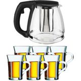 Glazen theepot met filter/infuser van 1,2 liter met 6x stuks theeglazen van 230 ml - Theepotten