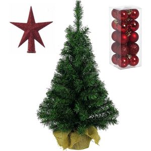 Volle kunst kerstboom 35 cm in jute zak inclusief rode versiering 21-delig - Kunstkerstboom