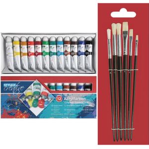 Toppoint set van 12 tubes acrylverf voor kinderen met 6 schilder penselen - Hobbyverf