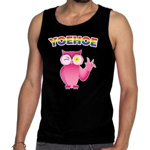 Yoehoe gay pride tanktop met roze knipogende uil zwart heren - Feestshirts
