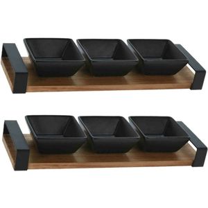 Serveerplank met 3 hapjes/saus/tapas schaaltjes - 2x - hout - 32 x 10 cm