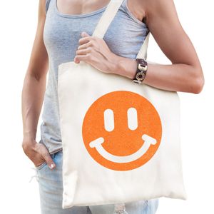 Cadeau tas voor dames - glitter smiley - wit - katoen - 42 x 38 cm - Moederdag - verjaardag - Feest Boodschappentassen
