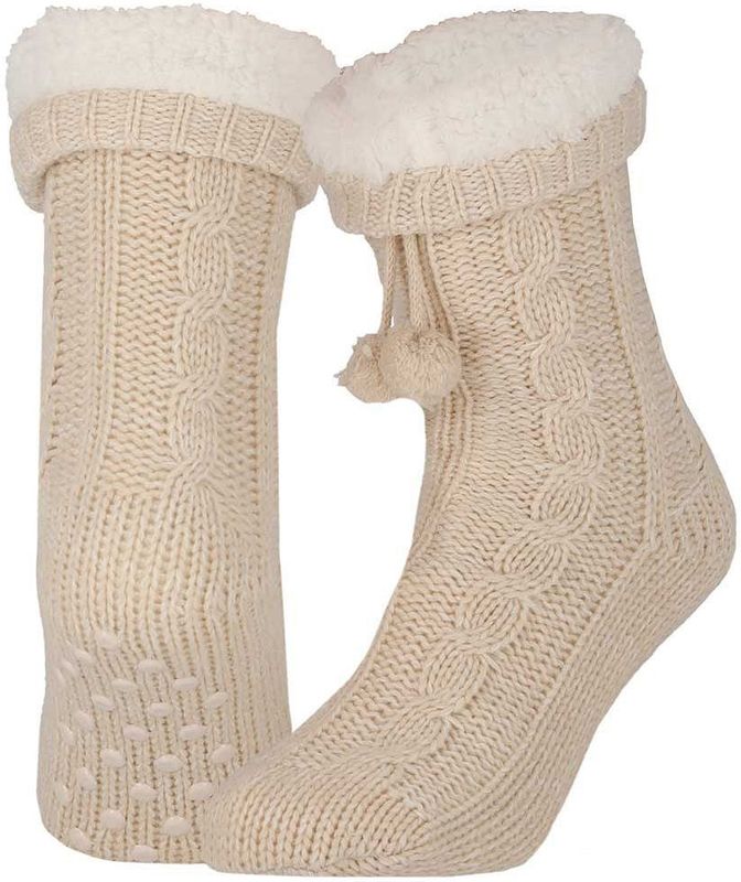 Dames anti-slip fleece/gebreide huissokken/slofsokken donker bruin one size - Huissokken