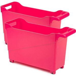 Set van 3x stuks kunststof trolleys fuchsia roze op wieltjes L45 x B17 x H29 cm - Voorraad/opberg boxen/bakken