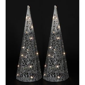 Countryfield LED verlichte kegel kerstboom lampen - 2x - zilver - 20 leds - H40 cm - timer - kerstverlichting figuur