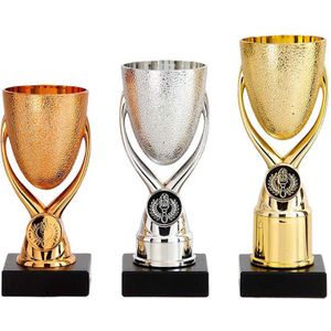Luxe trofee/prijs bekers - set van 3x - brons/goud/zilver - metaal - 15 x 6,8 cm - Fopartikelen