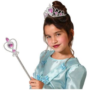 Carnaval verkleed Tiara/diadeem - Prinsessen kroontje met toverstokje - zilver/roze - meisjes - Verkleedhoofddeksels