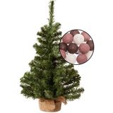 Mini kunst kerstboom groen - met lichtslinger bollen mix rood - H60 cm - Kunstkerstboom