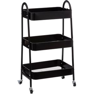 Keukentrolley/kast - zwart - metaal - 78 x 44 x 32 cm - 3 niveaus - draadmanden - Opberg trolley