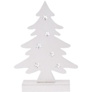Kerstversiering witte houten mini kunst kerstboom 28 cm met verlichting - Houten kerstbomen