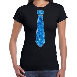 Verkleed t-shirt voor dames - stropdas blauw - pailletten - zwart - carnaval - foute party - Feestshirts