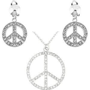 Hippie Flower Power Sixties sieraden peace teken strass ketting en oorbellen - Verkleedsieraden