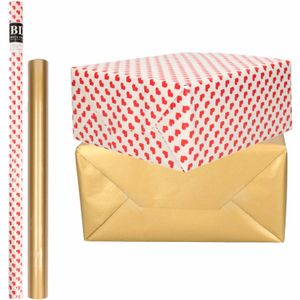 4x Rollen kraft inpakpapier liefde/rode hartjes pakket - mat goud 200 x 70/50 cm - Cadeaupapier