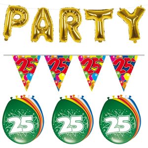 Verjaardag feestversiering 25 jaar PARTY letters en 16x ballonnen met 2x plastic vlaggetjes - Vlaggenlijnen