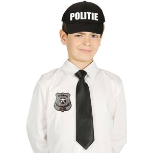 Carnaval verkleed politie agent cap - zwart - met stropdas/police badge - kinderen - Verkleedhoofddeksels