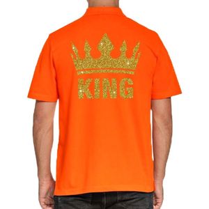 Koningsdag poloshirt King goud glitter oranje voor heren - Feestshirts