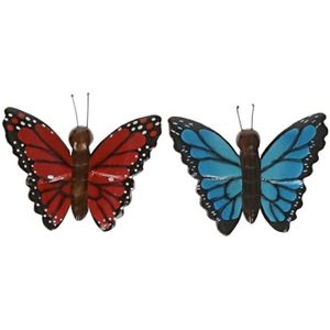 2x magneet hout rode en blauwe vlinder - Magneten