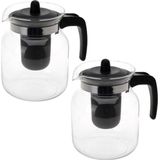 6x stuks glazen transparante theepot 1,5 liter met zwart filter - Thee drinken - Thee serveren - Theepotten met filters