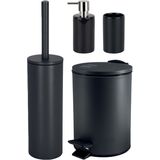Badkamer accessoires set - WC-borstel/pedaalemmer/zeeppompje/beker - metaal/keramiek - zwart - Badkameraccessoireset