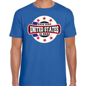 Have fear United States is here / Amerika supporter t-shirt blauw voor heren - Feestshirts