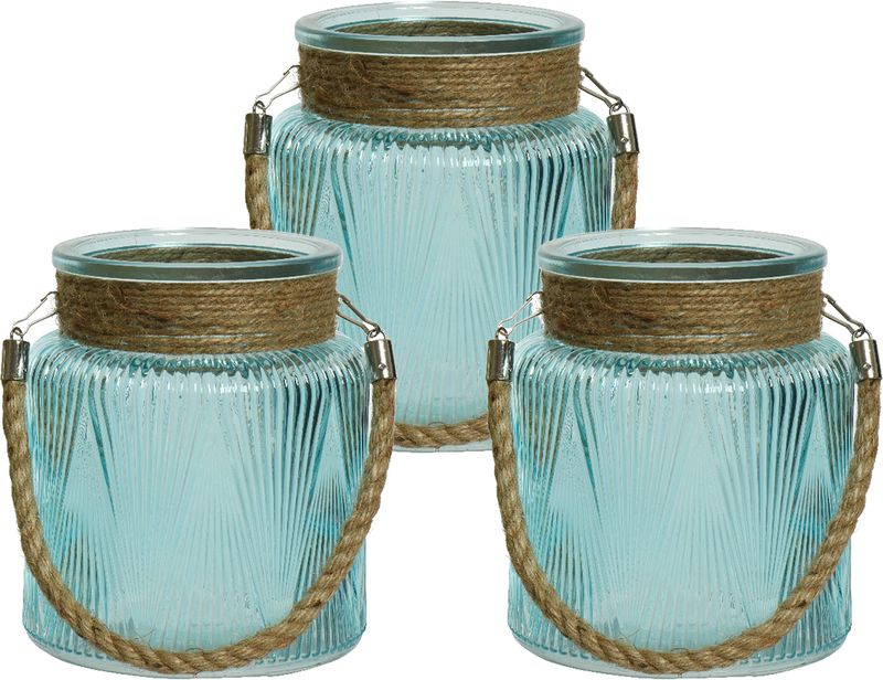 Lumineo windlichten/lantaarns relief - 3x - glas - D14 x H16 cm - blauw