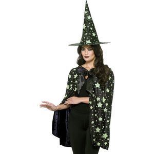 Heks verkleed kostuum/cape met hoed glow in the dark voor dames - Carnavalskostuums