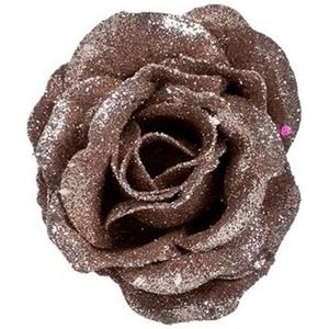 1x Oud roze roos met glitters bloemen op clip 7 cm - kerstversiering - decoratief-figuur