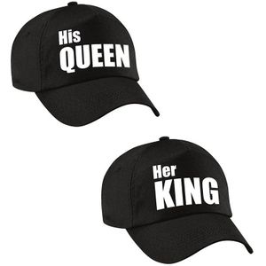 Her King / His Queen petten zwart met witt letters volwassenen - Verkleedhoofddeksels