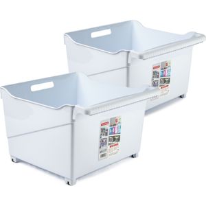 Opslag/opberg trolley container - 2x - ivoor wit - op wieltjes - L39 x B38 x H26 cm - kunststof - Opberg trolley