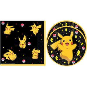 Pokemon themafeest servetten en gebaksbordjes - 32x - zwart/geel - karton - Feestbordjes