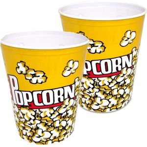 Popcorn bak - 2x - geel/wit - kunststof - D24 cm - 6 liter - herbruikbaar - Snack en tapasschalen