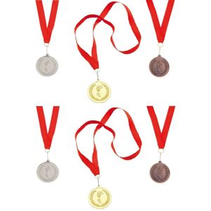 6x stuks medailles goud/zilver/brons aan rood lint - Fopartikelen