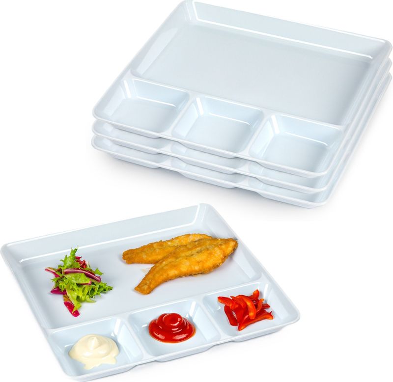 Plasticforte Vakjesborden - 4x stuks - wit - gourmetbord - 4-vaks - kunststof - 26 x 24 cm - fonduebord