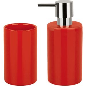 Badkamer accessoires set - zeeppompje/drinkbeker - porselein - rood - Badkameraccessoireset