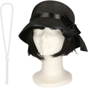 Carnaval verkleed accessoire set - dames hoedje en parelketting - charleston/jaren 20 stijl - Verkleedattributen